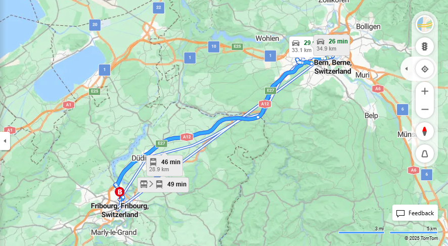 Anreise von Bern Zu Fribourg Über Weissensteinstrasse, e27·Toll on route