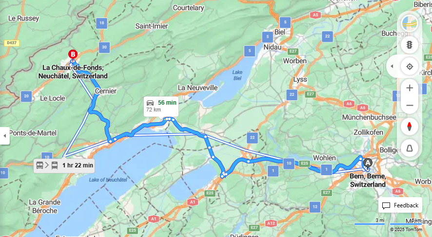 Anreise von Bern Zu La Chaux-de-Fonds Über E25, 20·Toll on route