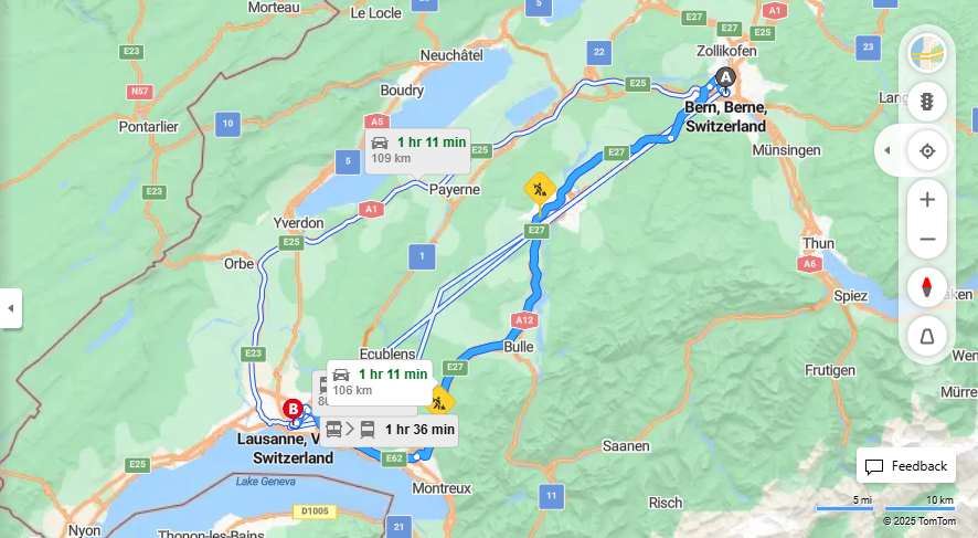 Anreise von Bern Zu Lausanne Über e27, E62·Toll on route