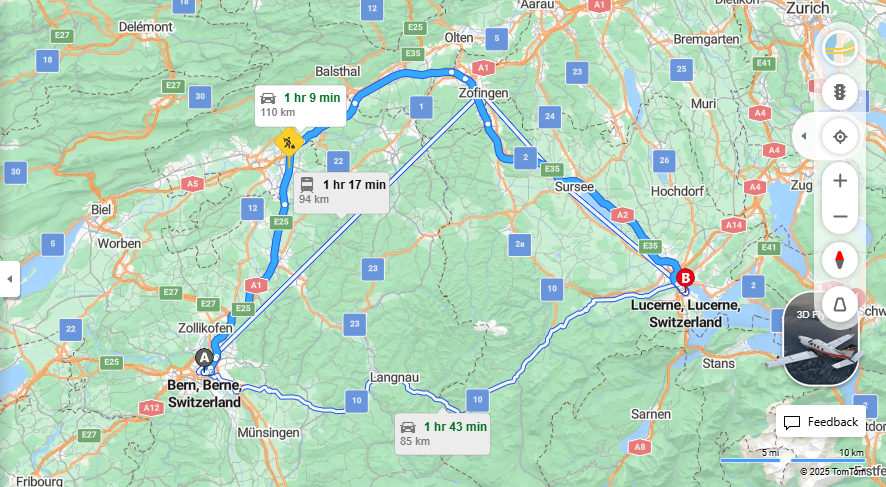 Anreise von Bern Zu Lucerne Über E25, E35·Toll on route