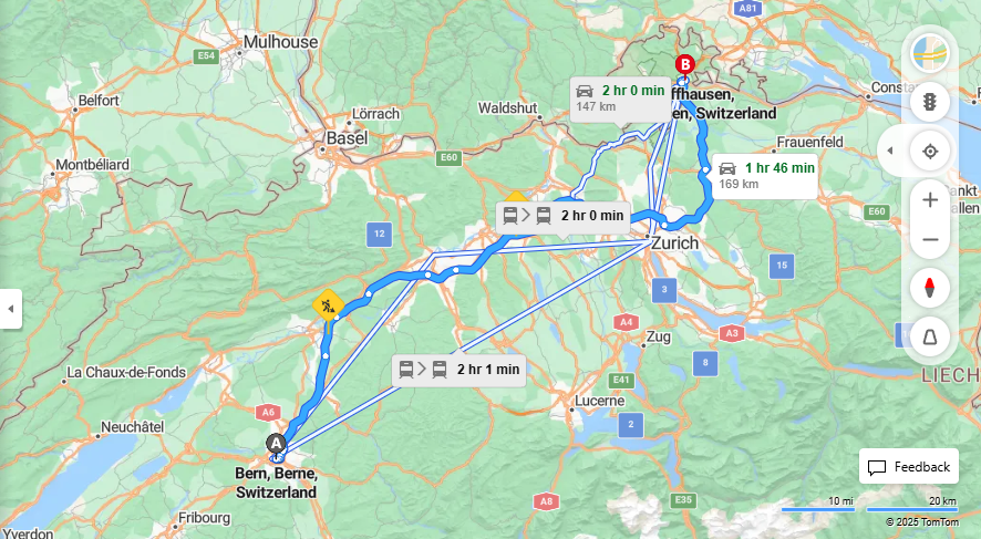 Anreise von Bern Zu Schaffhausen Über E25, E41·Toll on route