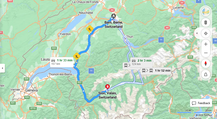 Anreise von Bern Zu Sion Über e27, E62·Toll on route