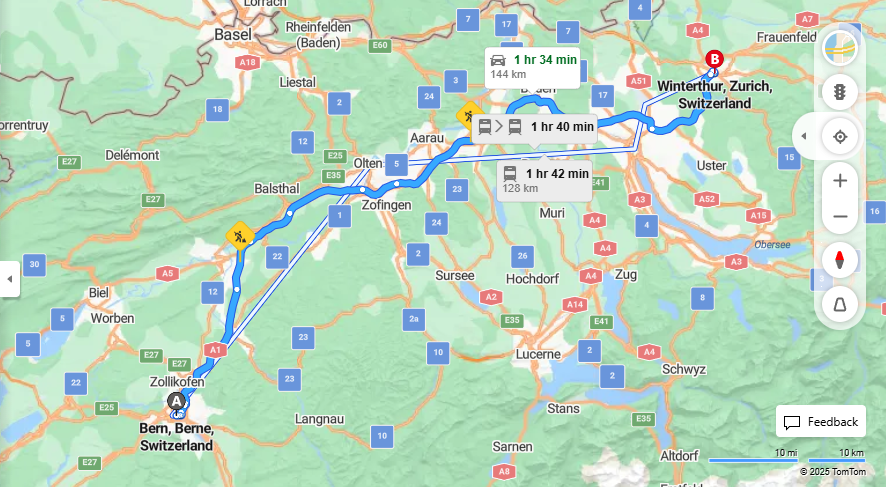 Anreise von Bern Zu Winterthur Über E25, a1·Toll on route