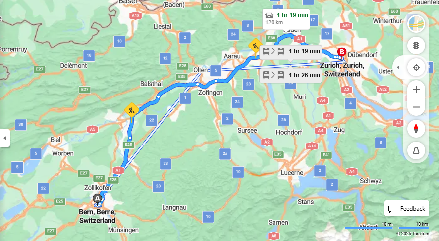 Anreise von Bern Zu Zurich Über E25, a1·Toll on route