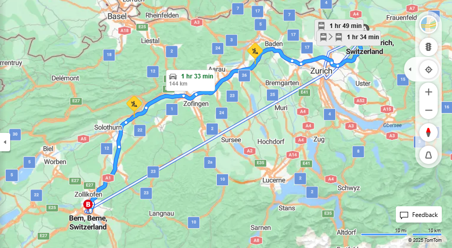Anreise von Winterthur Zu Bern Über a1, E25·Toll on route