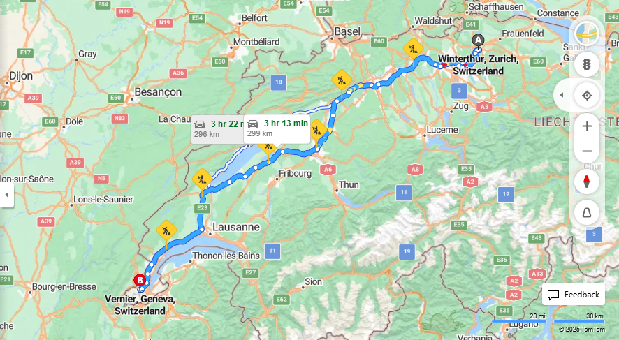 Anreise von Winterthur Zu Vernier Über a1, E25·Toll on route