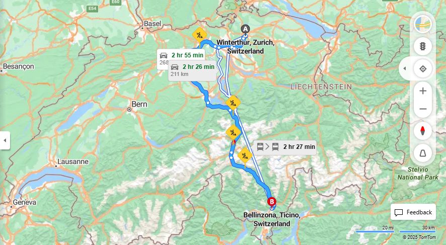 Anreise von Winterthur Zu Bellinzona Über a1, E35·Toll on route