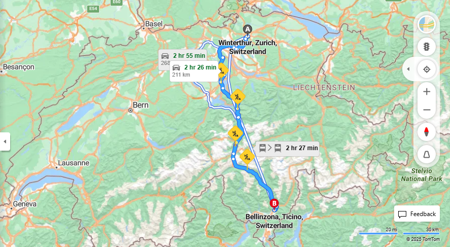 Anreise von Winterthur Zu Bellinzona Über E41, E35·Toll on route