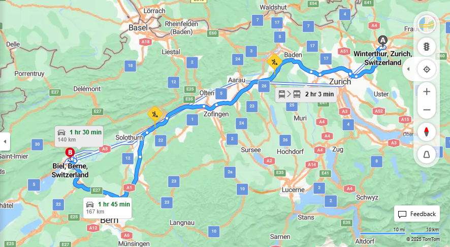 Anreise von Winterthur Zu Biel/Bienne Über a1, E25·Toll on route