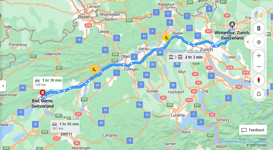 Anreise von Winterthur Zu Biel/Bienne Über E60, a1·Toll on route
