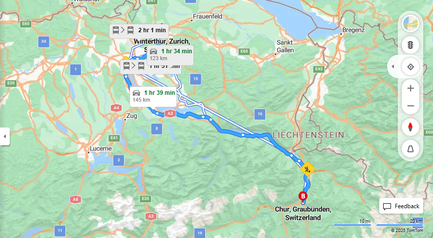 Anreise von Winterthur Zu Chur Über A3W, a3·Toll on route