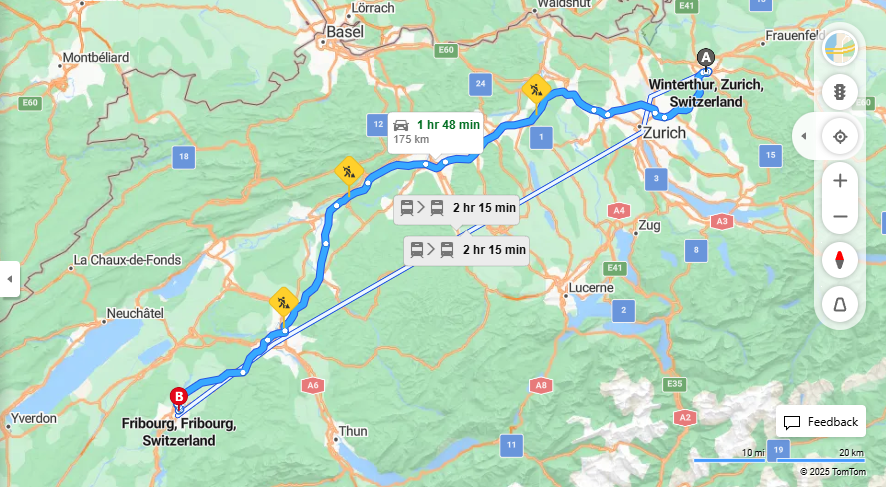 Anreise von Winterthur Zu Fribourg Über a1, E25·Toll on route