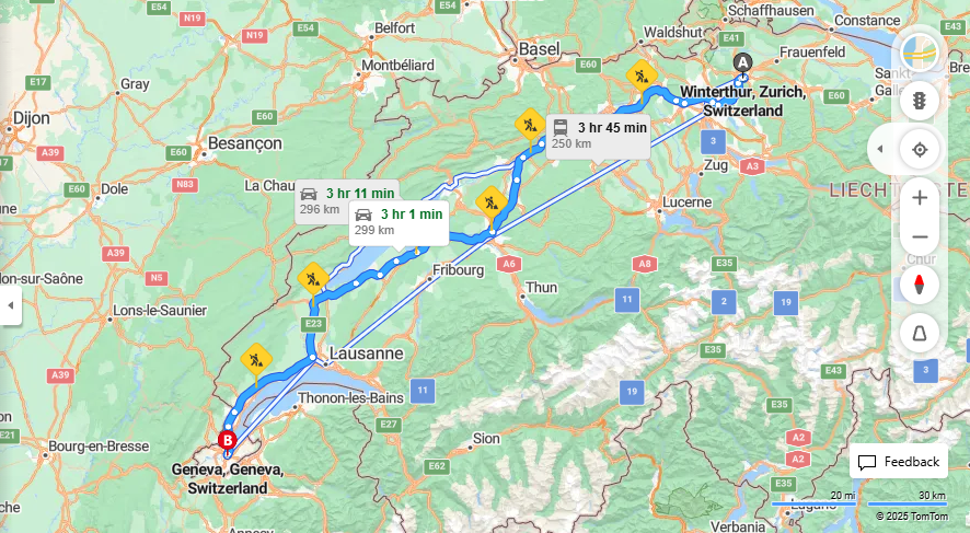 Anreise von Winterthur Zu Geneva Über a1, E25·Toll on route