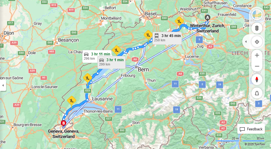 Anreise von Winterthur Zu Geneva Über E25, A5·Toll on route
