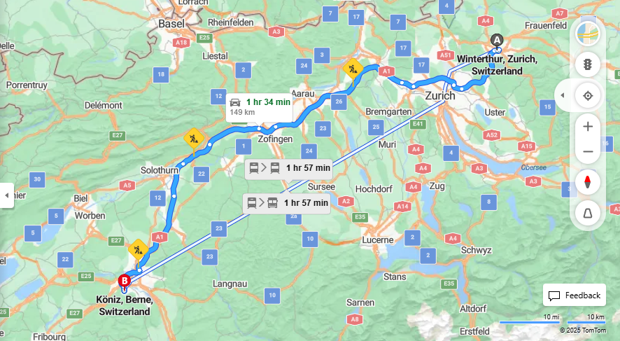 Anreise von Winterthur Zu Köniz Über a1, E25·Toll on route
