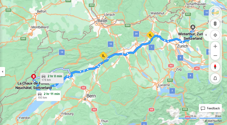 Anreise von Winterthur Zu La Chaux-de-Fonds Über A5·Toll on route