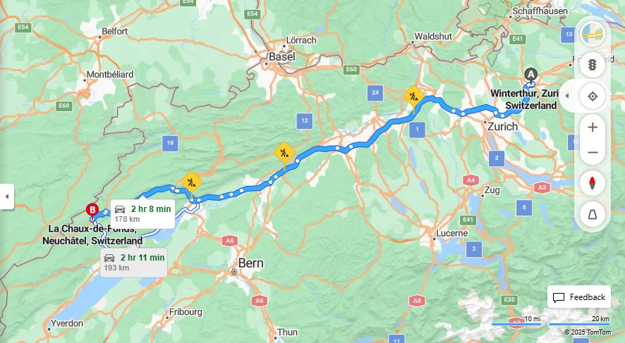 Anreise von Winterthur Zu La Chaux-de-Fonds Über E60, a1·Toll on route