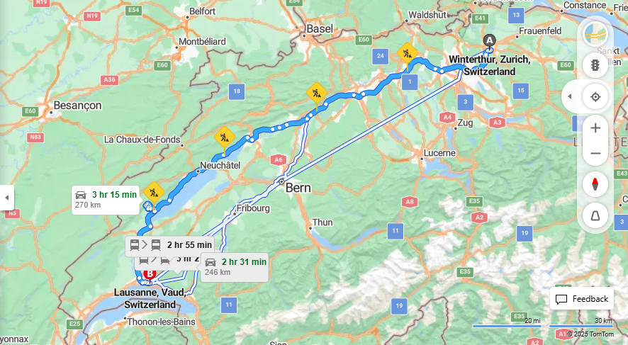 Anreise von Winterthur Zu Lausanne Über E25, A5·Toll on route