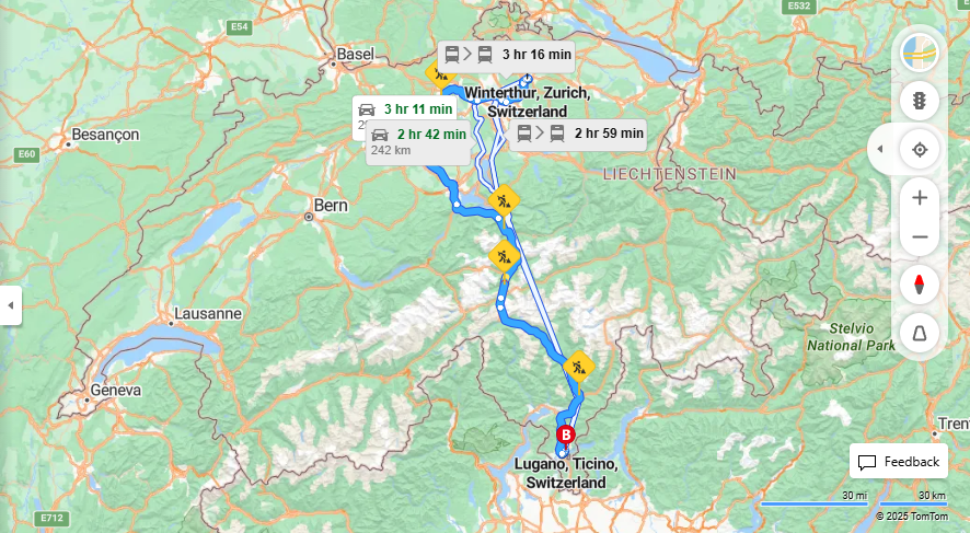 Anreise von Winterthur Zu Lugano Über a1, E35·Toll on route