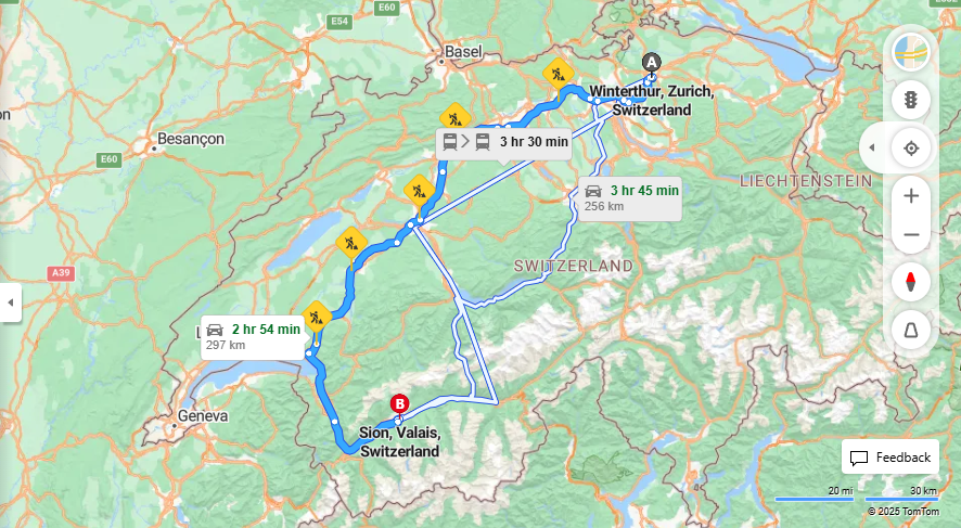 Anreise von Winterthur Zu Sion Über E25, e27·Toll on route