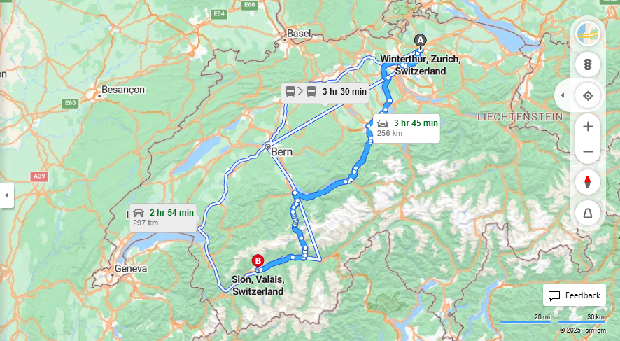 Anreise von Winterthur Zu Sion Über E41, a8·Toll on route
