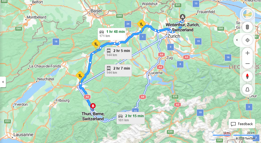 Anreise von Winterthur Zu Thun Über a1, E25·Toll on route