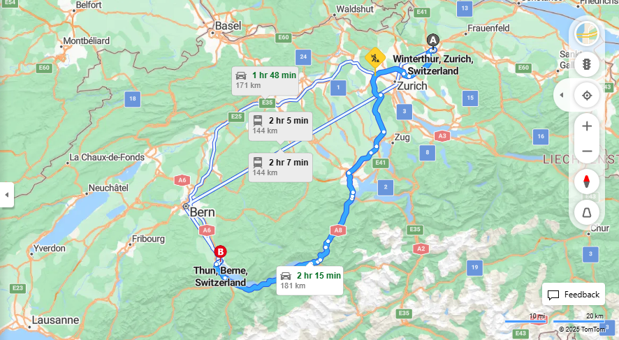 Anreise von Winterthur Zu Thun Über E41, a8·Toll on route