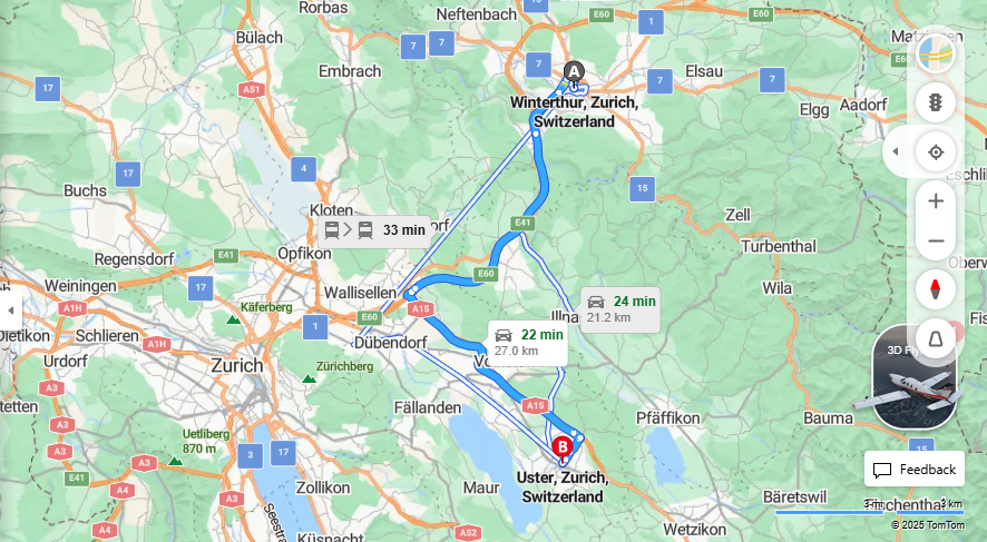 Anreise von Winterthur Zu Uster Über E41, a15·Toll on route