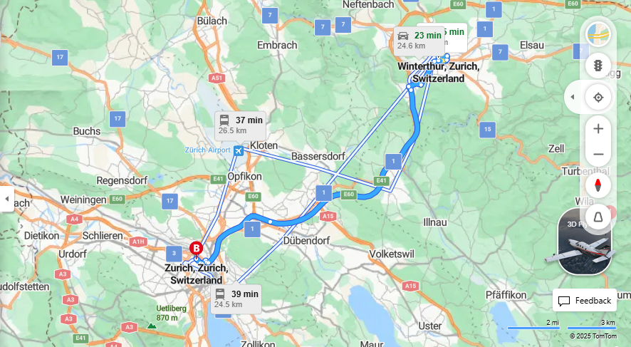 Anreise von Winterthur Zu Zurich Über Untere Vogelsangstrasse, E41·Toll on route