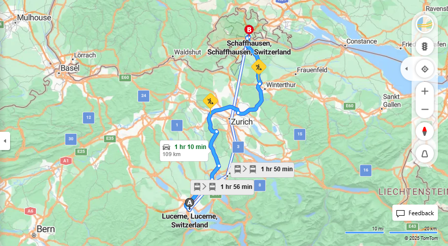 Anreise von Lucerne Zu Schaffhausen Über E41, E60·Toll on route