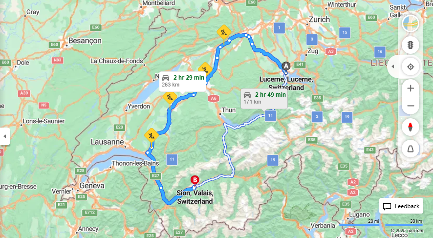 Anreise von Lucerne Zu Sion Über E25, e27·Toll on route