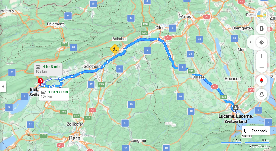 Anreise von Lucerne Zu Biel/Bienne Über E35, Bielstrasse·Toll on route