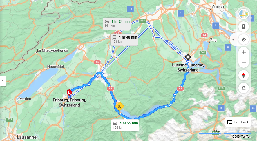 Anreise von Lucerne Zu Fribourg Über a8, A6·Toll on route