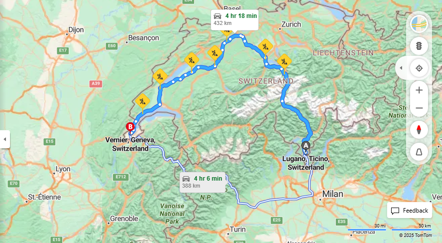 Anreise von Lugano Zu Vernier Über E35, E25·Toll on route