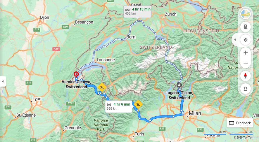 Anreise von Lugano Zu Vernier Über E64, E25·Toll on route