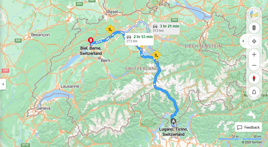Anreise von Lugano Zu Biel/Bienne Über E35·Toll on route