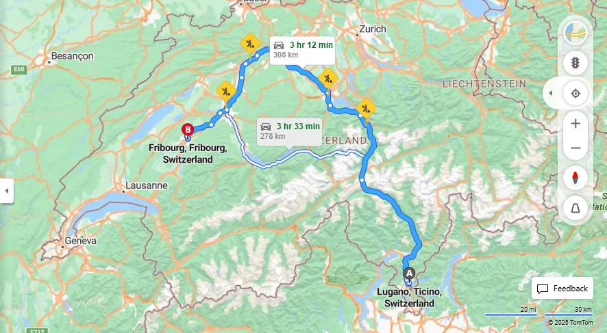 Anreise von Lugano Zu Fribourg Über E35, E25·Toll on route