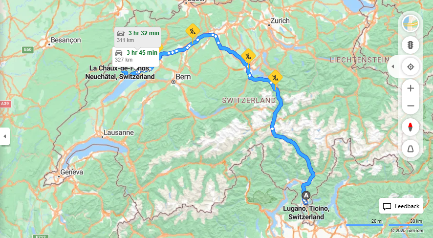Anreise von Lugano Zu La Chaux-de-Fonds Über E35, 20·Toll on route