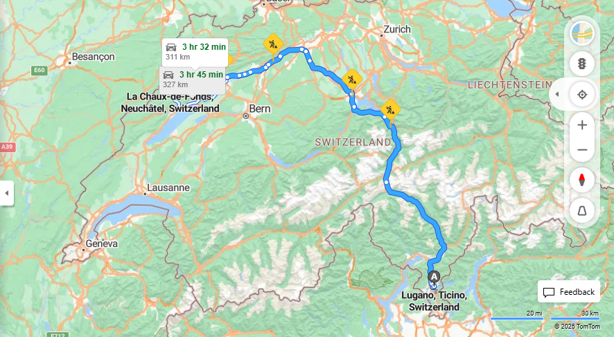 Anreise von Lugano Zu La Chaux-de-Fonds Über E35·Toll on route