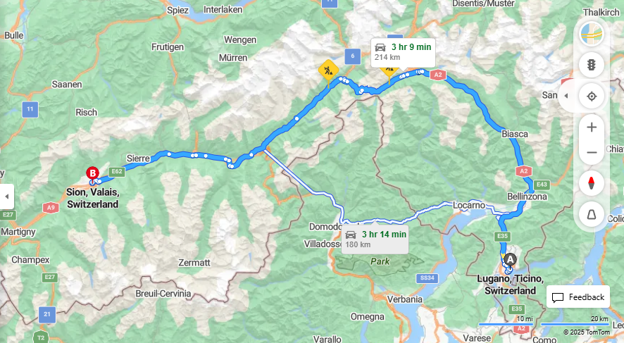 Anreise von Lugano Zu Sion Über E35, E62·Toll on route